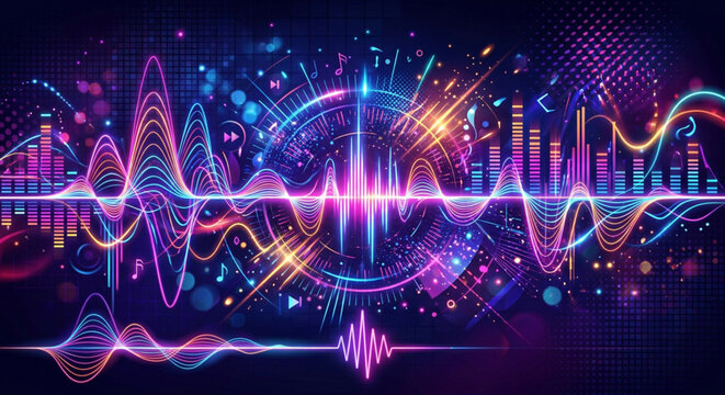 Neon sound wave, colorful audio spectrum, vibrant music equalizer, futuristic waveform