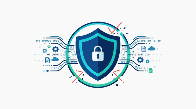 Digital Security Shield with Binary Code and Lock Icon Representing Data Protection and Cybersecurity