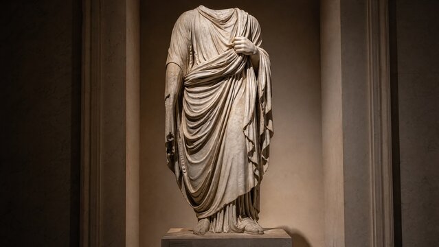 Headless marble statue with intricate folds of a carved toga.