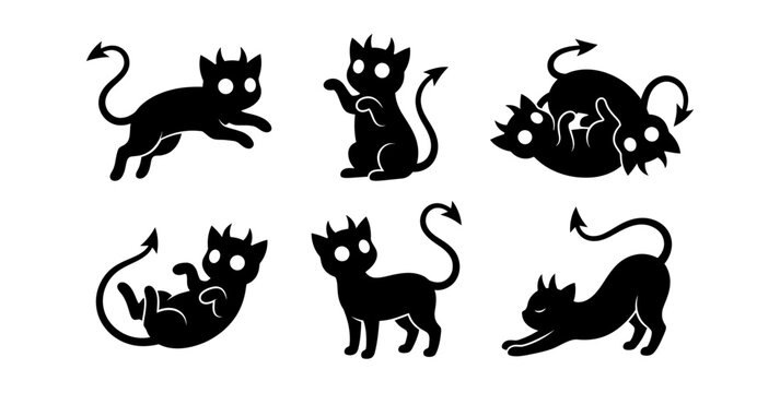 Six stylized black cat silhouettes with devil horns and tails are depicted in various playful poses on a plain surface demonic cute cartoon graphic illustration icon animal