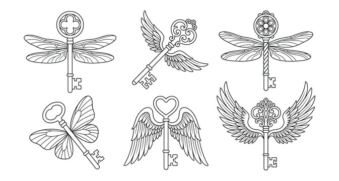 Collection of six ornate stylized keys with attached insect and bird wings presented as line art graphics dragonfly butterfly angel vintage antique illustration drawing icon