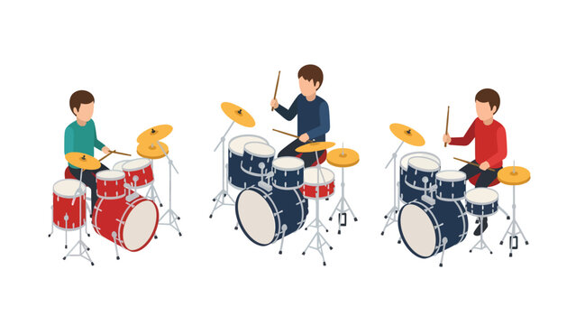Three cartoon boys playing drum sets in different colored outfits, isolated on white background.