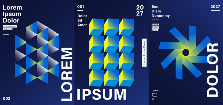Abstract geometric poster set with 3D cube shapes, gradient blocks, bold typography, and dark navy modern layout.