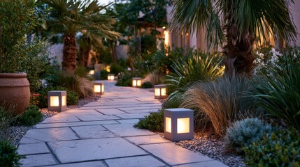 Fototapeta premium Illuminated garden pathway with modern outdoor lights creating a cozy evening atmosphere in a lush landscape setting