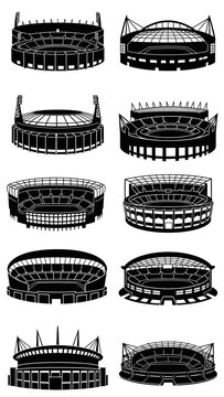 Collection of Black Silhouettes of Various Stadiums and Arenas for Sports and Events