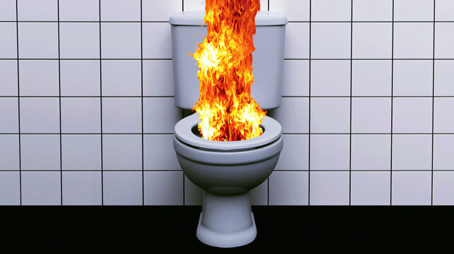 Toilet fire flame bathroom tile wall emergency danger heat smoke emergency concept