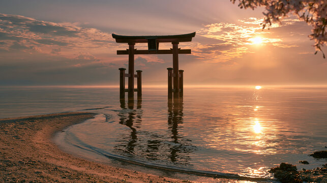 Traditional Japanese torii gate at sunrise over calm sea with reflection and sandy shore