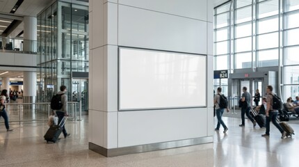 Naklejka premium Blank Billboard Mockup in Airport Terminal with Passengers