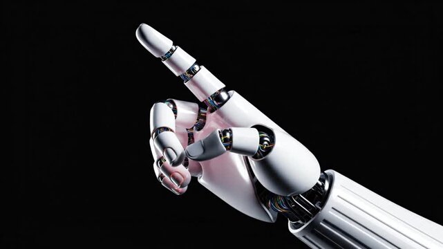 Robot hand pointing finger and clenching fist on black background
