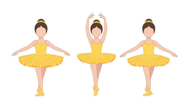 Three ballet dancers in yellow tutus performing different graceful poses on a white background.