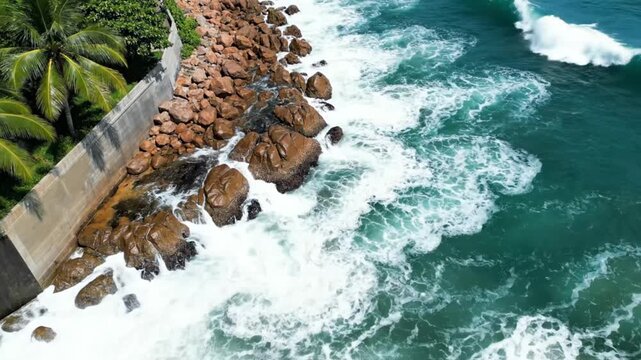 Ocean waves crashing against rocky shoreline with palm trees