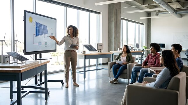 Professional Solar Energy Presentation in a Modern Office Workshop