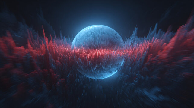 Abstract futuristic 3D render of a glowing blue sphere embedded in red and blue audio frequency wave spikes with motion blur effect