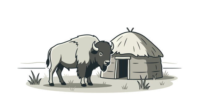 Bison standing near traditional yurt house.