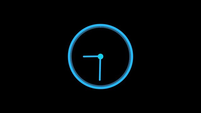 Minimalist blue analog clock animation with fast spinning hands on black background