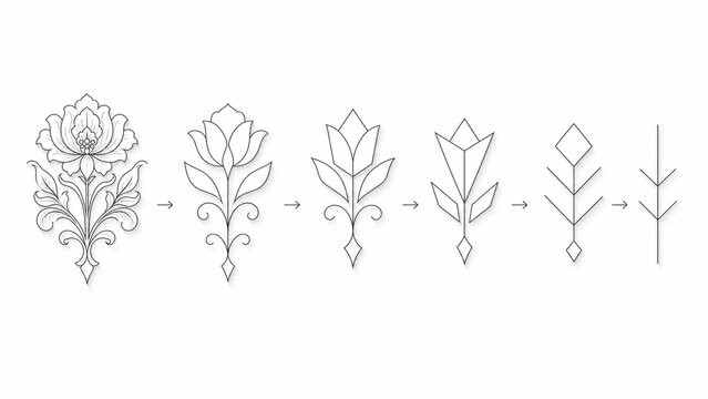 Minimalist line art showing simplification of a floral pattern into geometric lines.