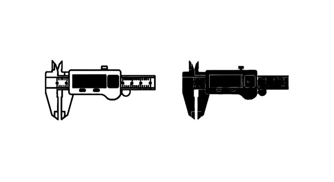 Minimal black silhouette icon, simple flat vector, bold black shape, no, no shading digital calipers icon set, precision measuring tool for engineering on a, flat icon style