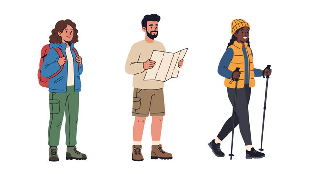 Three diverse hikers with backpacks and a map ready for an outdoor adventure.