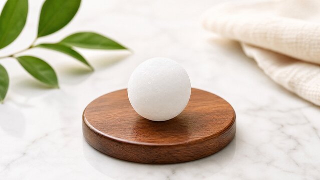 White camphor ball on wooden coaster, simple household freshness concept.