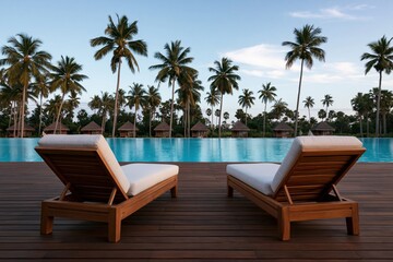 Fototapeta premium Resort luxury infinity pool with lounge chairs for a tropical summer vacation trip