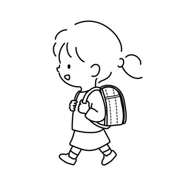 ランドセルを背負った低学年の小学生の女の子の線画イラスト