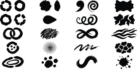 Fototapeta premium Abstract Brush Stroke Shapes Set with Hand Drawn Circles Swirls Splatters and Organic Blob Doodle Elements for Design Backgrounds