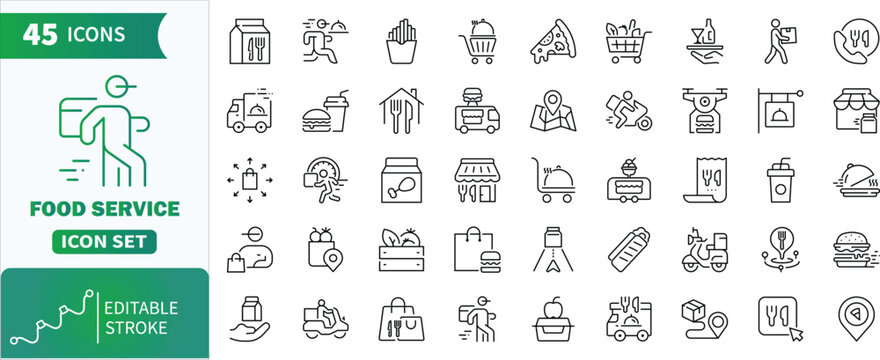 Food service line icons set with editable stroke. Set of 45 icons representing concepts of illustrating  Food service, delivery, and restaurant pixel perfect line art icons