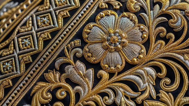 Intricate floral and geometric embroidery on charro jacket, gold and silver thread detail.