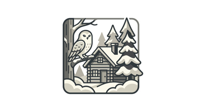 Snowy Cabin with Bird and Trees.