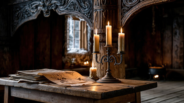 Medieval scriptorium interior with candlelit wooden table and parchment papers in dark Norse church, quiet historic study space