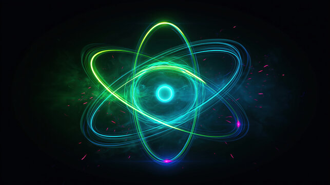 Glowing atom core neon orbit abstract science particle energy central nucleus electric ring dark background futuristic symbol