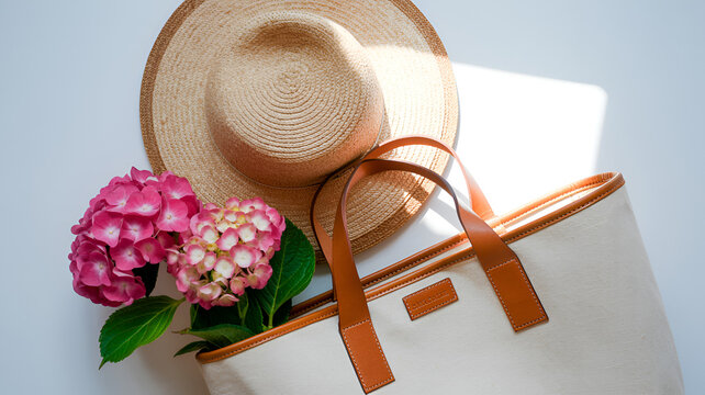 Straw hat with hydrangea flowers beside canvas tote bag during bright daylight with soft shadows