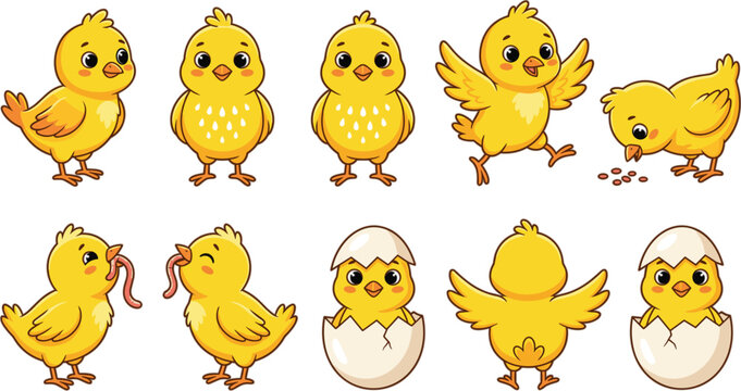 Cute Easter chick vector cartoon character set hatching from egg eating worm isolated on clean white background