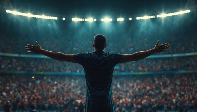 Soccer player celebrating goal standing in front of full crowded stadium with celebrating football cheering performance lighting bleachers competition champion perspective spotlight