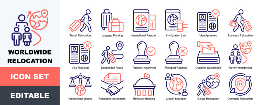 Worldwide Relocation Icon Pack Featuring Luggage Packing, International Passport, Immigration Law, Visa Approved, Destination Route, Passport Rejected, Customs Declaration