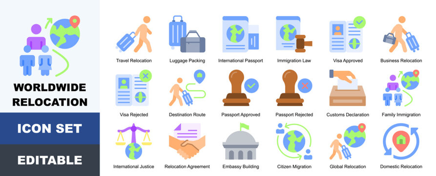 Worldwide Relocation Icon Pack Featuring Luggage Packing, International Passport, Immigration Law, Visa Approved, Destination Route, Passport Rejected, Customs Declaration