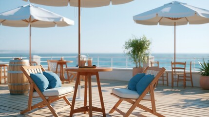 Obraz premium Empty seaside cafe terrace with wooden furniture and white umbrellas overlooking the ocean