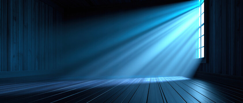 Empty room wooden floor blue light moonlight interior window sunbeam shadow dark room empty space