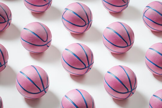 Pattern of small pink basketball toys arranged on white background with basketball equipment miniature collection background recreation activity childhood minimalist geometric arrangement