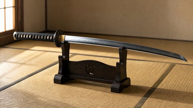 Japanese katana resting on a dark wooden stand with soft window light.