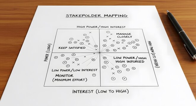 Hand-drawn stakeholder mapping diagram on paper with pen