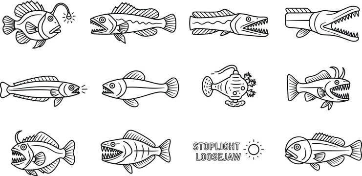 Deep Sea Fish Coloring Page Line Art Set with Anglerfish Viperfish Dragonfish Loosejaw and Gulper Eel Outline Icons for Ocean Designs