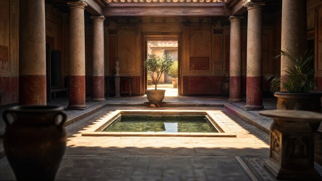 Sunlight streams into an ancient Roman atrium, illuminating a square impluvium pool.