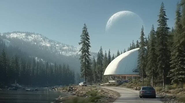 Encountering futuristic architecture amidst lush, mountainous terrain under planetary skies evokes intrigue and contemplation