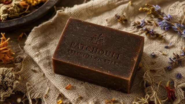 Dark brown patchouli soap bar on rough linen with dried flowers, rustic texture.