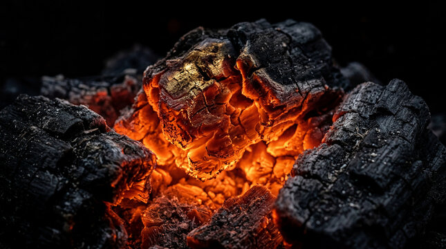 Glowing charcoal embers burning in a dark fireplace at night