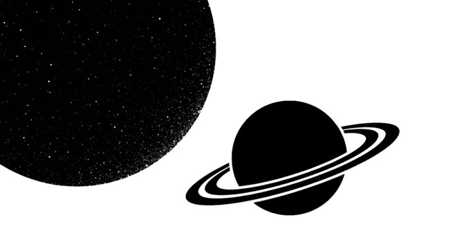 Minimal black silhouette icon, simple flat vector, bold black shape, no, no shading minimalist illustration of a planet with rings next to a textured moon on a, flat icon style