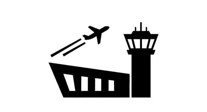 Minimal black silhouette icon, simple flat vector, bold black shape, no, no shading airport icon with airplane and control tower on a, flat icon style