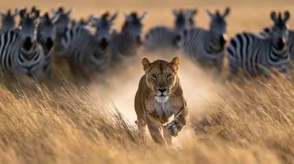 Fototapeta premium Lioness hunt zebra grassland savanna predator wildlife chase golden grass dust lioness hunting zebra in golden grassland with dust and dramatic motion