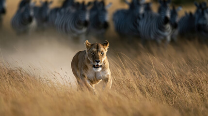 Fototapeta premium Female lion running through tall grass with zebra herd blurred in background, wildlife hunt scene in savanna